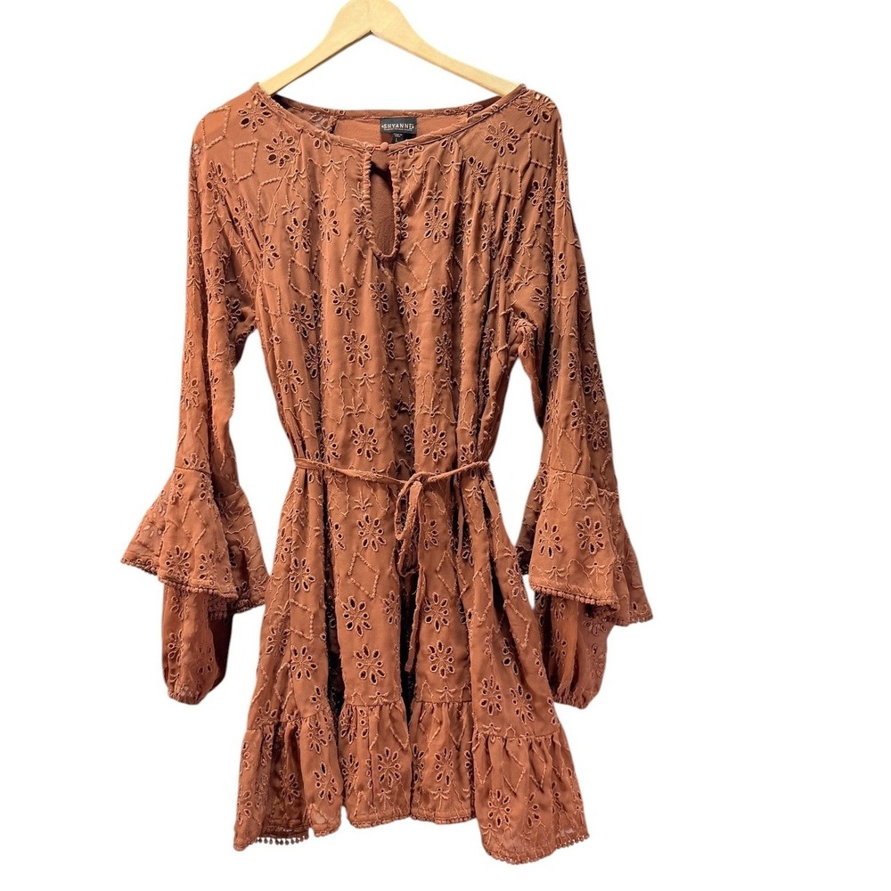 Shyanne Eyelet Mini Dress Women L Rust Boho Western Bell Sleeve Lined Cowgirl